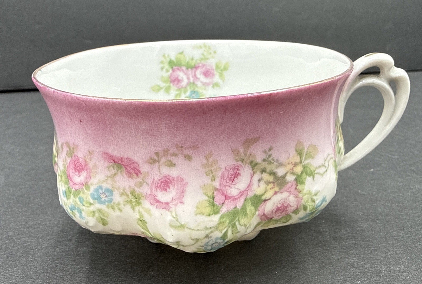 Antique Moritz Zdekauer (MZ) Austria Porcelain Teacup Ornate Handle Pink Flowers