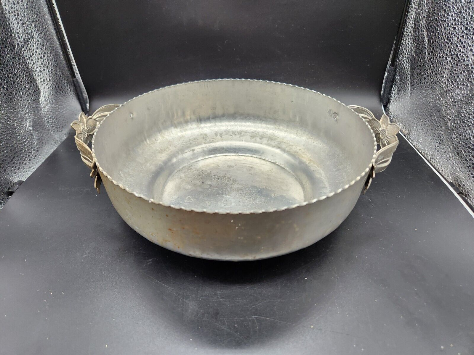 Hammered Aluminum Bowl With Decorative Floral Handles 8.5\