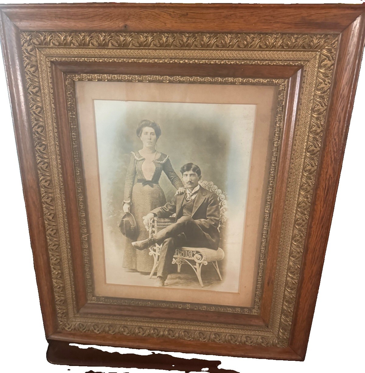Antique Victorian Edwardian Couple Portrait Photo Ornate Gold Wood Frame 26 X 30