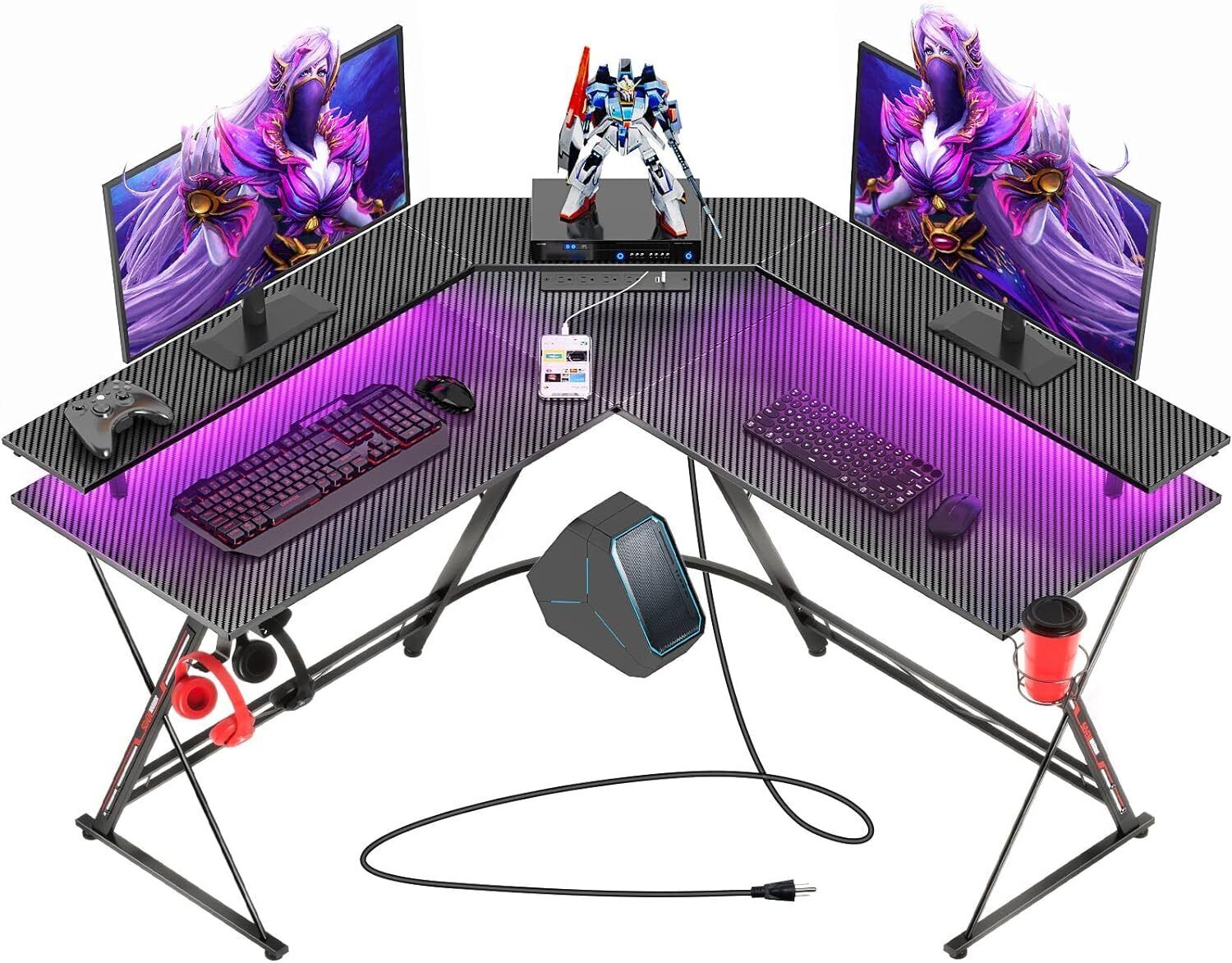 L Shaped Gaming Desk with LED Lights & Power Outlets, 50.4” Computer Desk