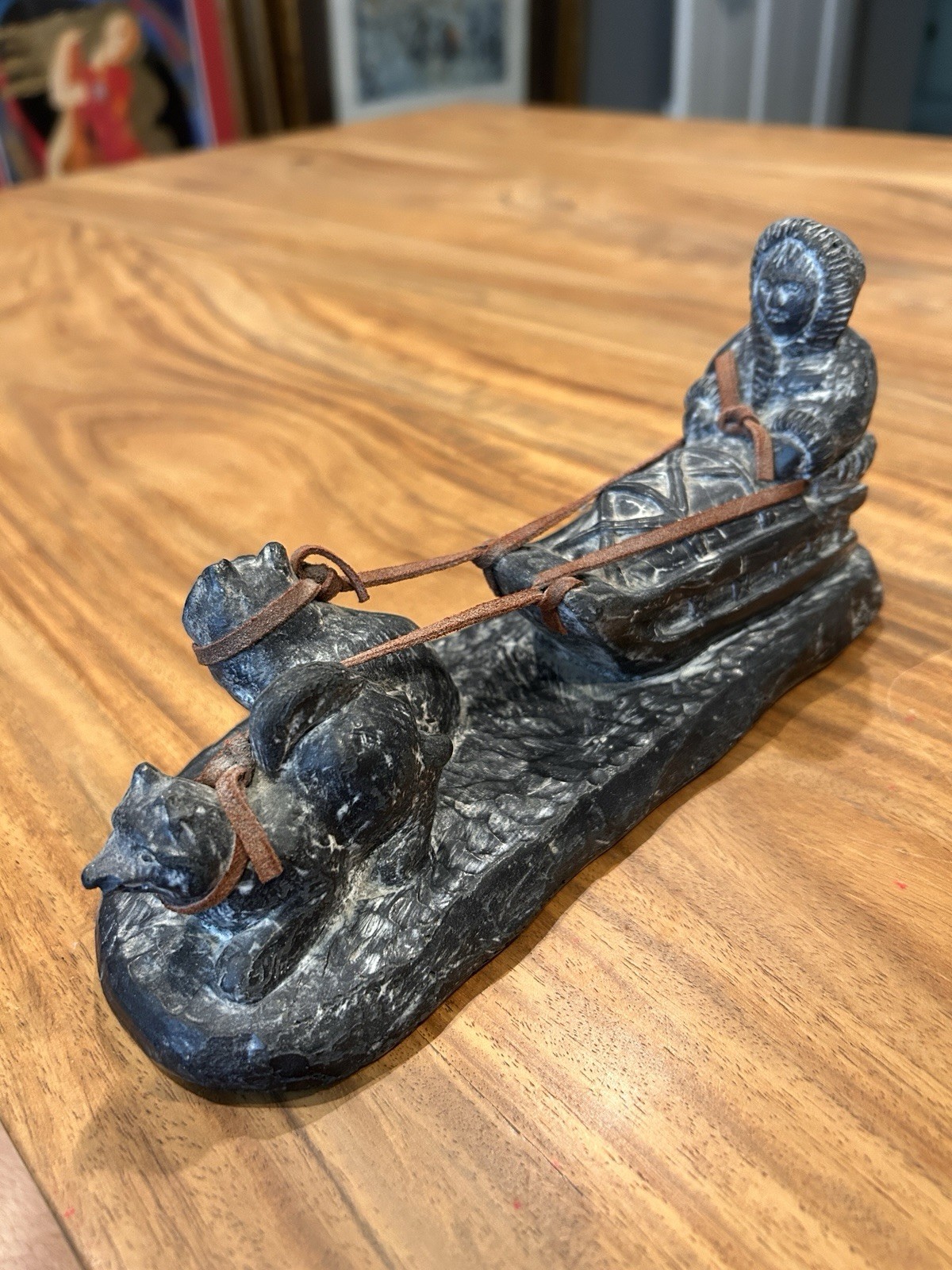 Inuit Soapstone Carving by Al Wolf Dog Sled Eskimo Hunter Canada Vtg Handmade