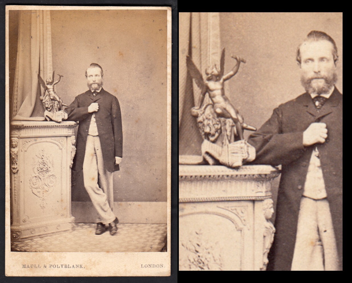 BRONZE ANGEL STATUE & DAPPER COCKY LONDON MAN ~ 1800s ENGLAND CDV PHOTO
