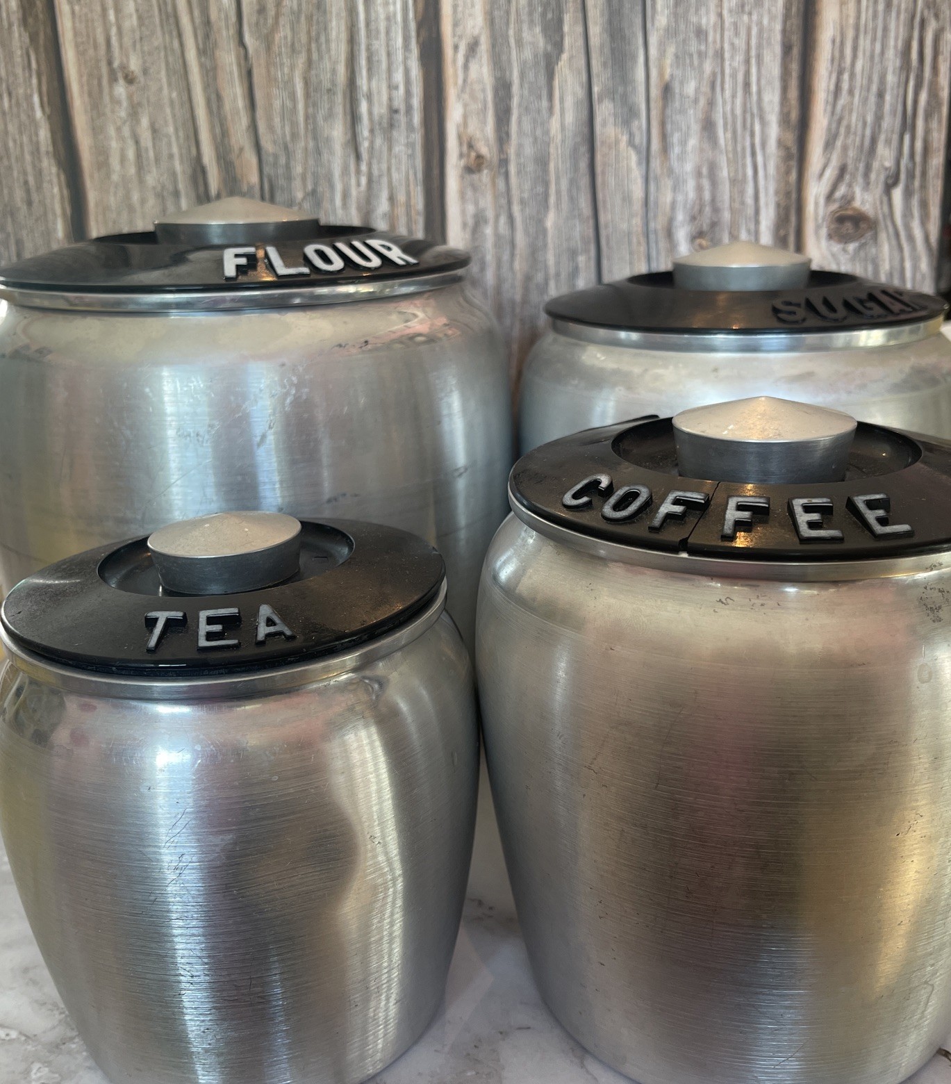 VTG 50’s Kromex Spun Aluminum 4 Piece Canister Flour Sugar Coffee Tea VTG 50’s Kromex Spun Aluminum 4 Piece Canister Flour Sugar Coffee Tea