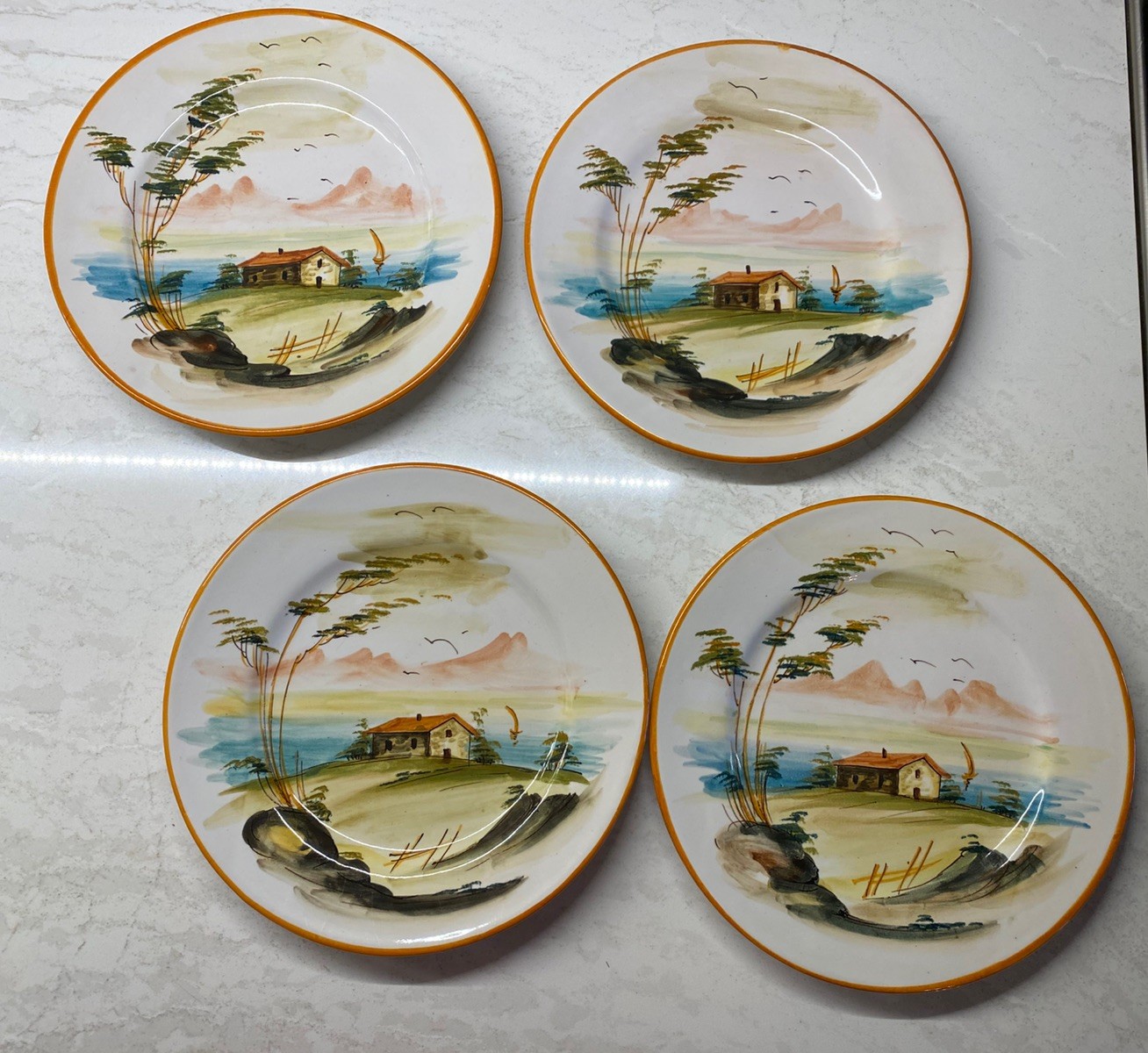 Set of 4 Pinto Vietri PV Italy Majolica Hand Painted Plates Shore Scene Signed