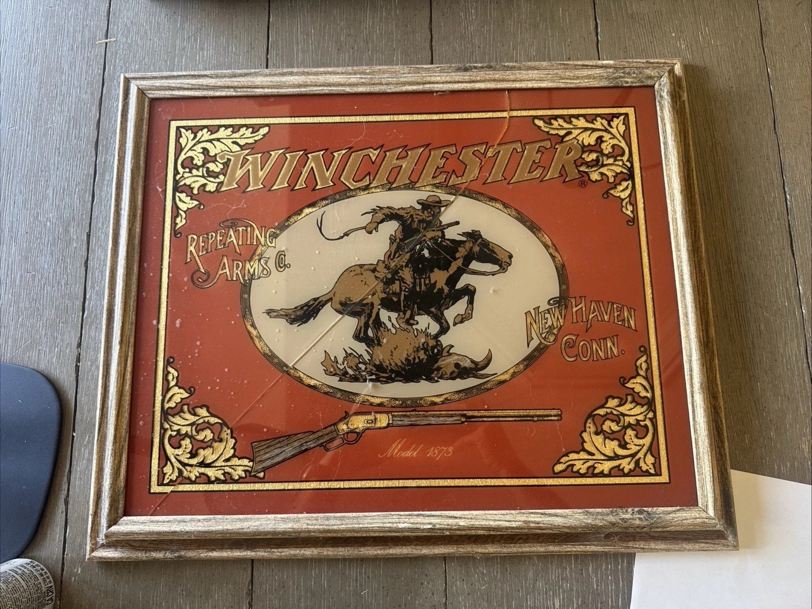 Vintage Winchester Model 1873 Advertising Print Framed Western Cowboy Gun Sign