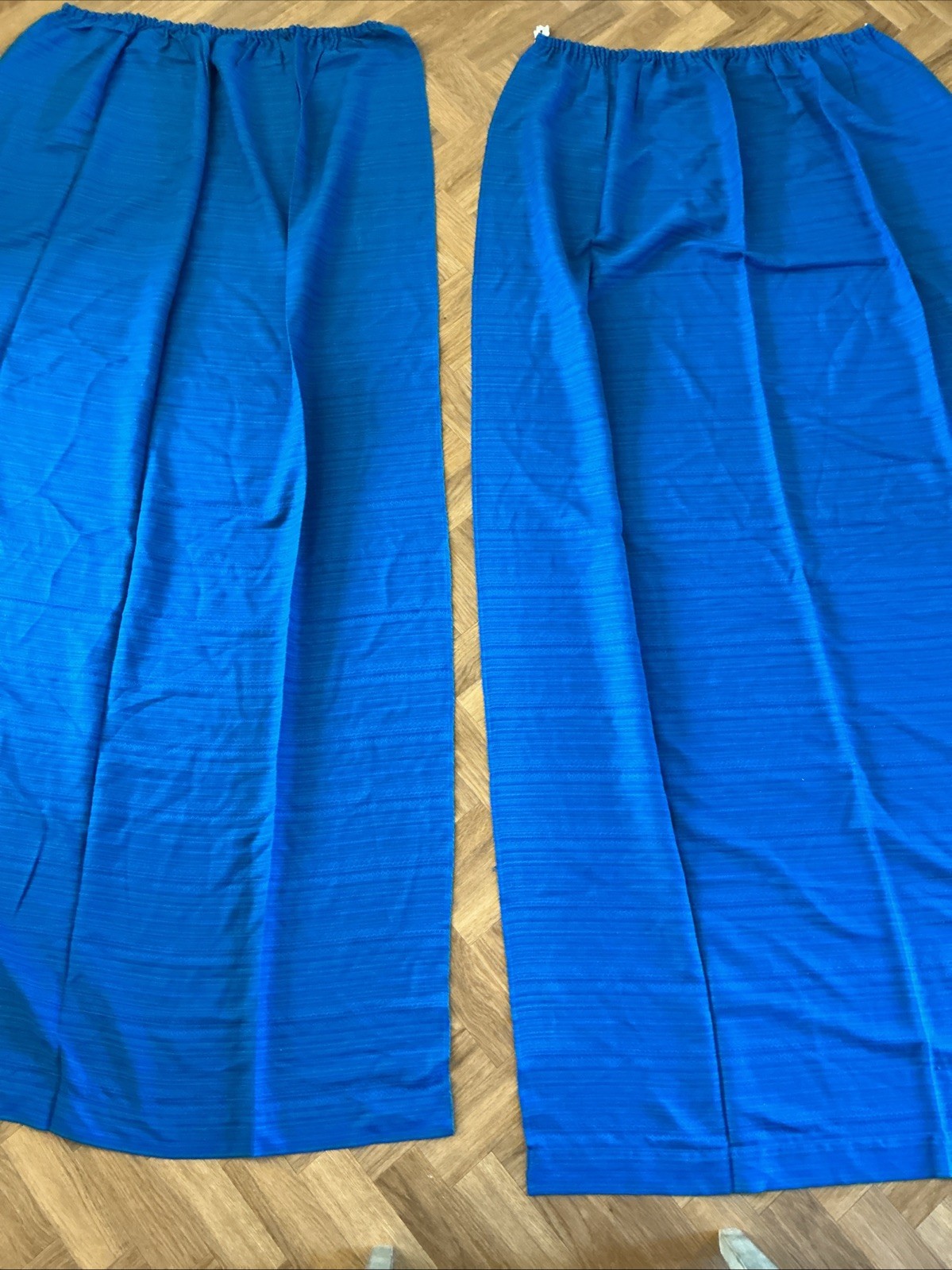 Vintage Pair Bright Blue Striped Mid-Century Long Curtains (2) 1960s / 1970s