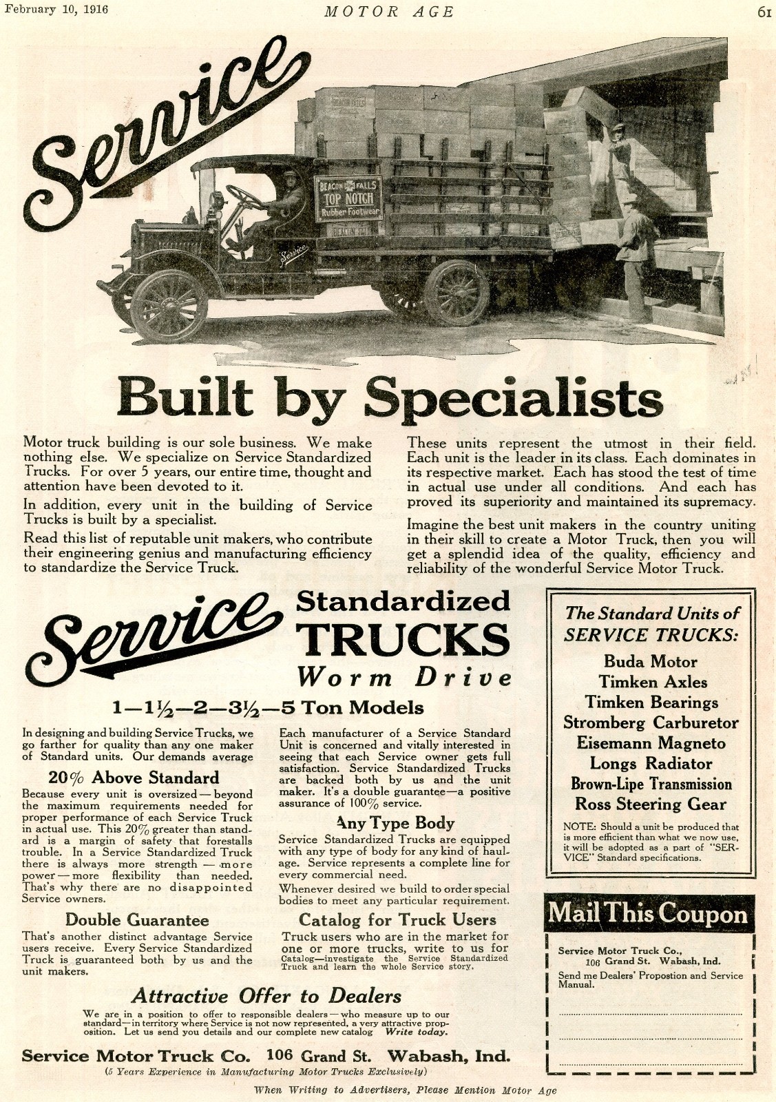 1916 SERVICE MOTOR TRUCK AD WABASH INDIANA