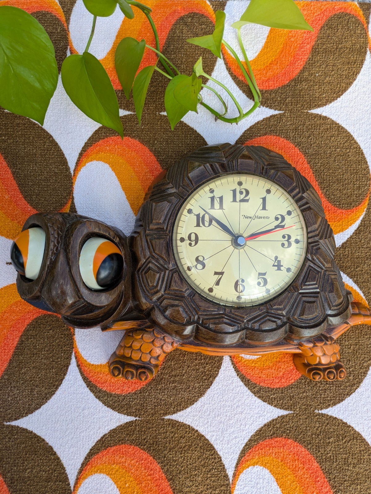 Vintage 1970s Burwood New Haven Turtle Clock Works Orange Brown Wall Hanging