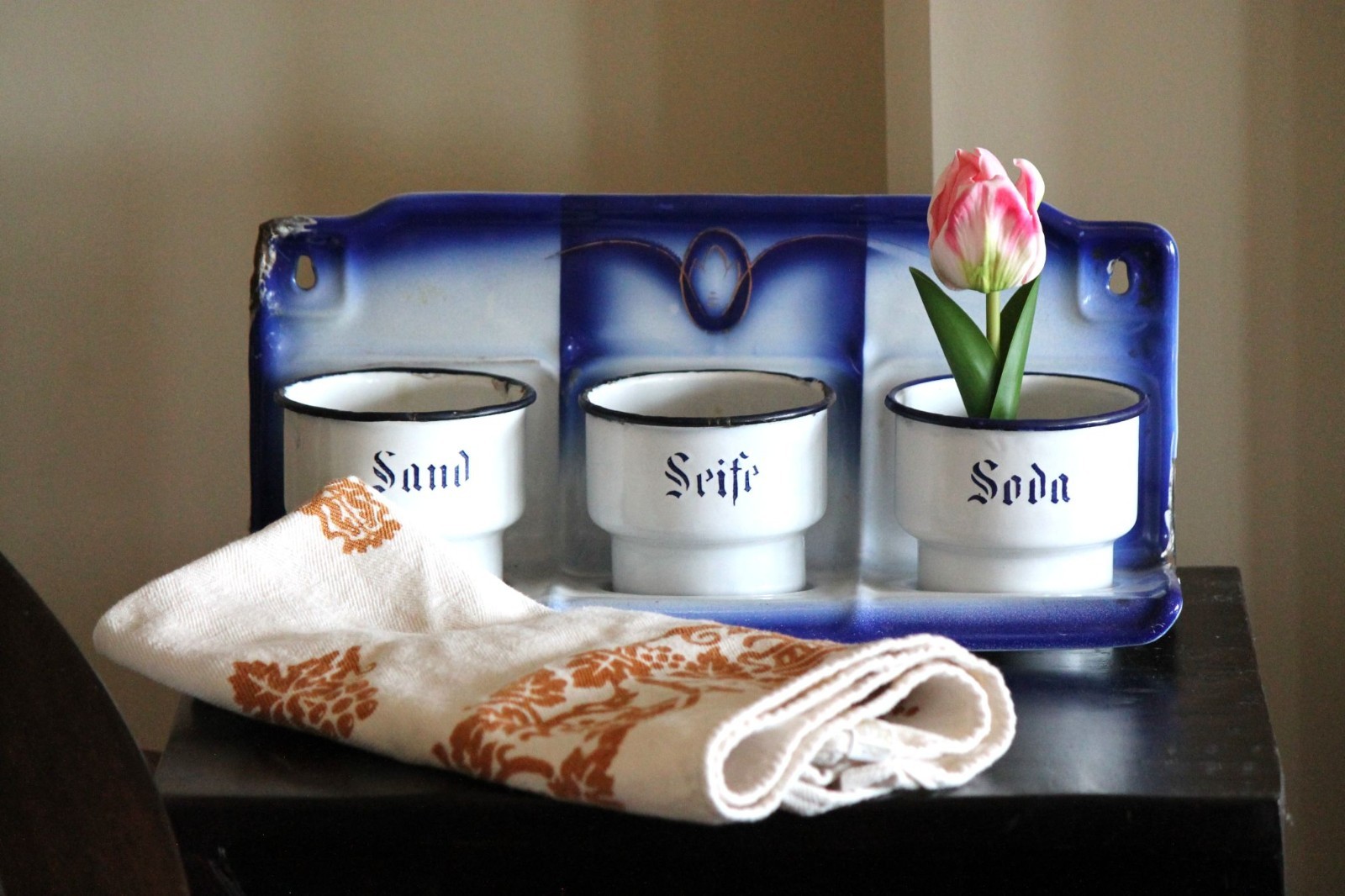 Rare antique German flow blue enamelware laundry rack and pails