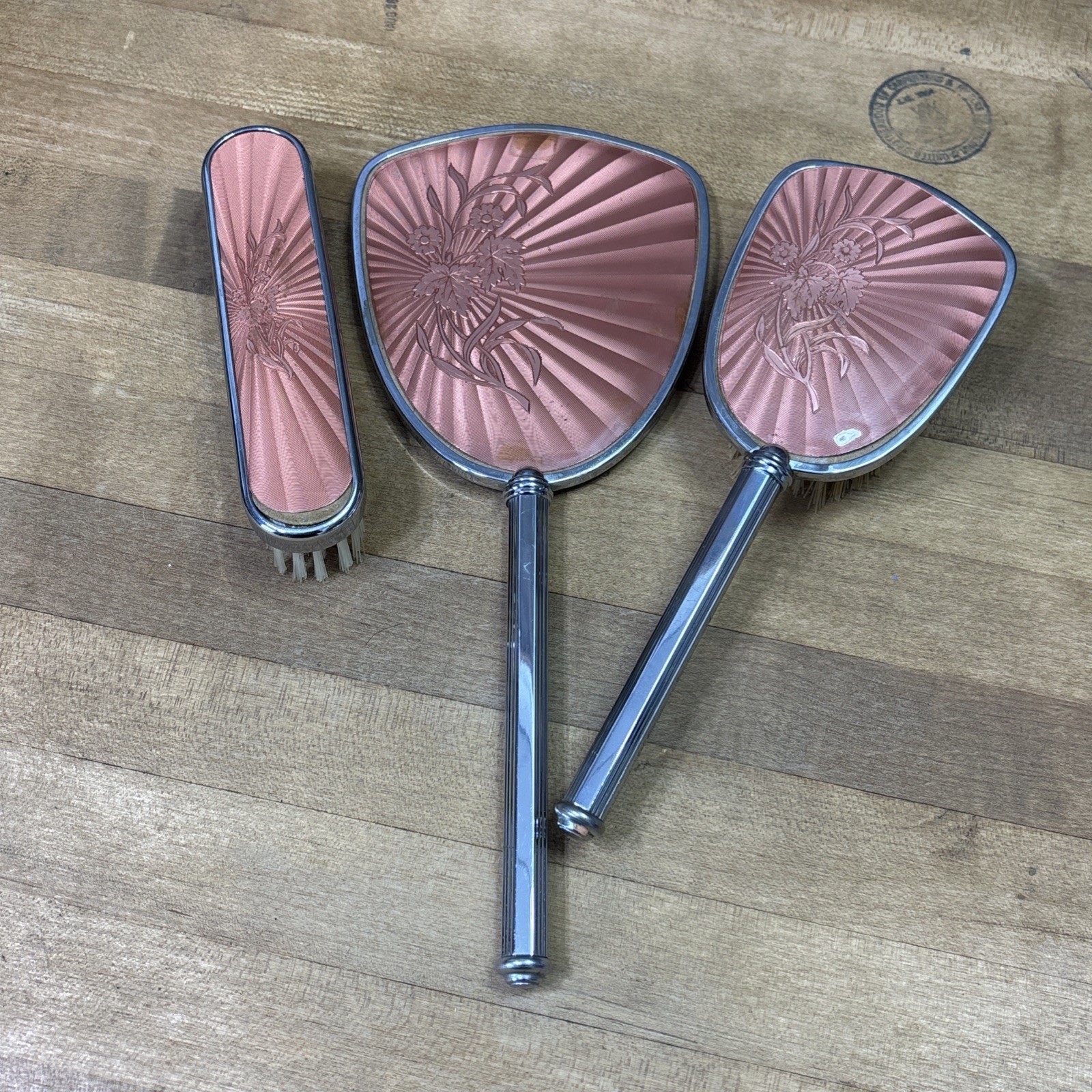 Vintage 1930s Art Deco Pink Guilloché Vanity Set Mirror Hair Brush Clothes Brush