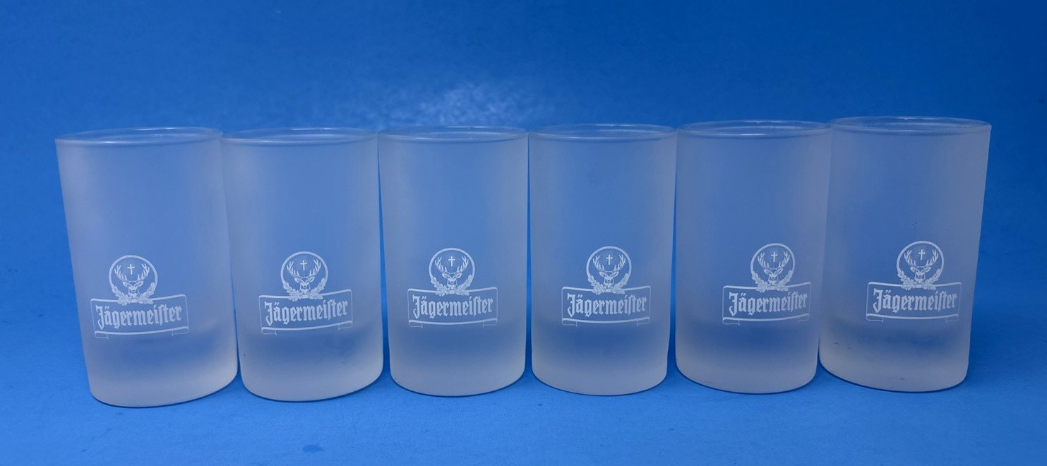 Jägermeister 6 Frosted Shot Glasses Barware Stag Logo Distillery Advertising Jägermeister 6 Frosted Shot Glasses Barware Stag Logo Distillery Advertising