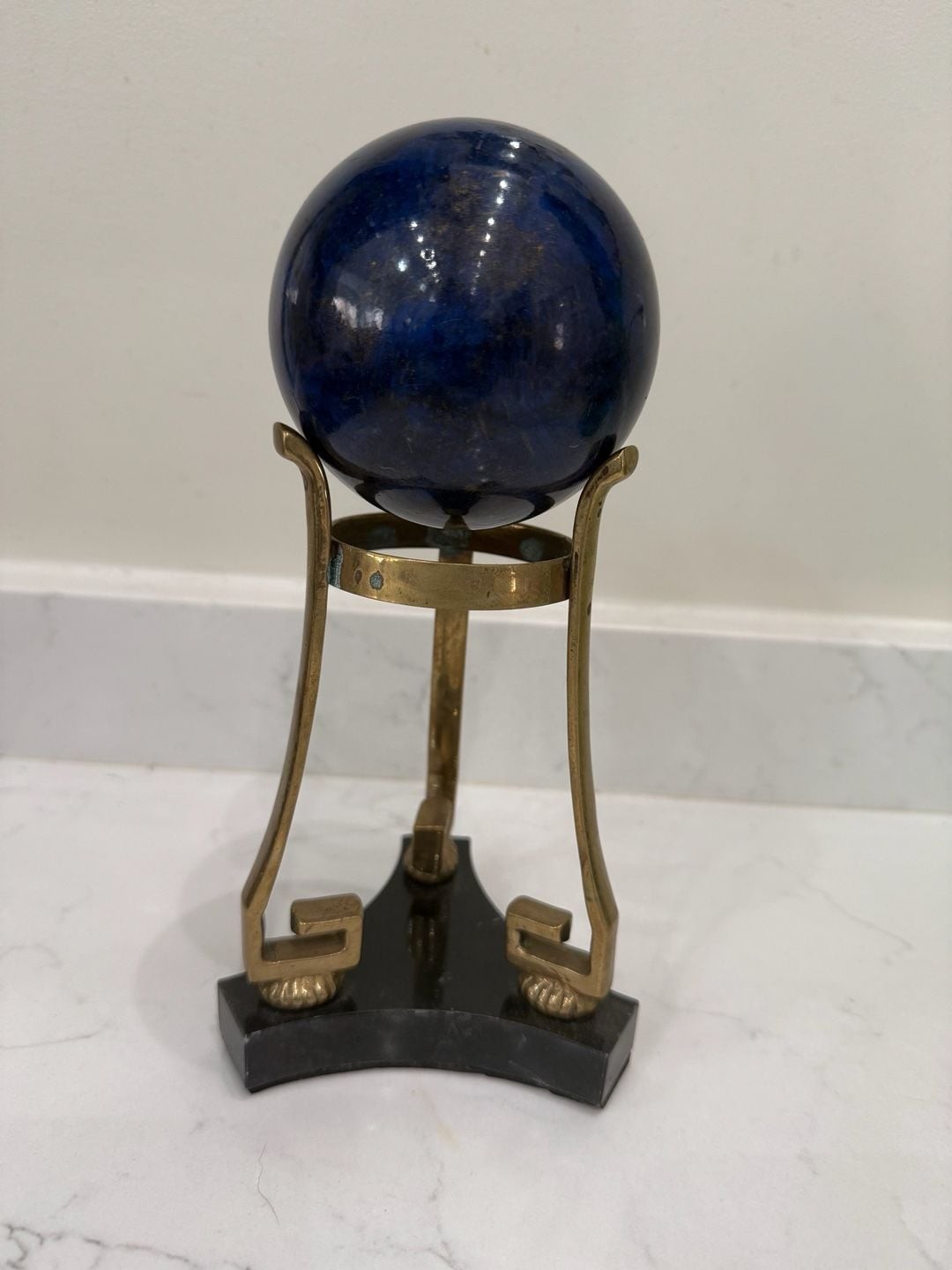 Vintage Great City Traders Lapis Lazuli Sphere on Brass and Obsidian Base