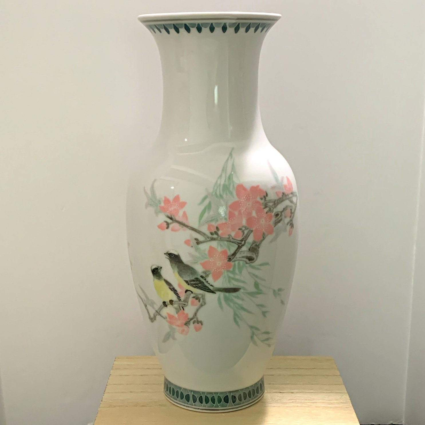 Chinese White Porcelain Vase Pink Floral & Bird Design, Made in China