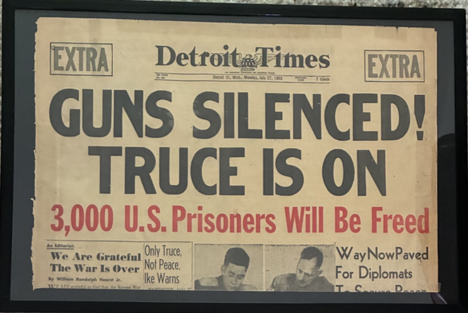 GUNS SILENCED TRUCE IS ON, Day of Korean Armistice, Detroit Times, July 27 1953 GUNS SILENCED TRUCE IS ON, Day of Korean Armistice, Detroit Times, July 27 1953