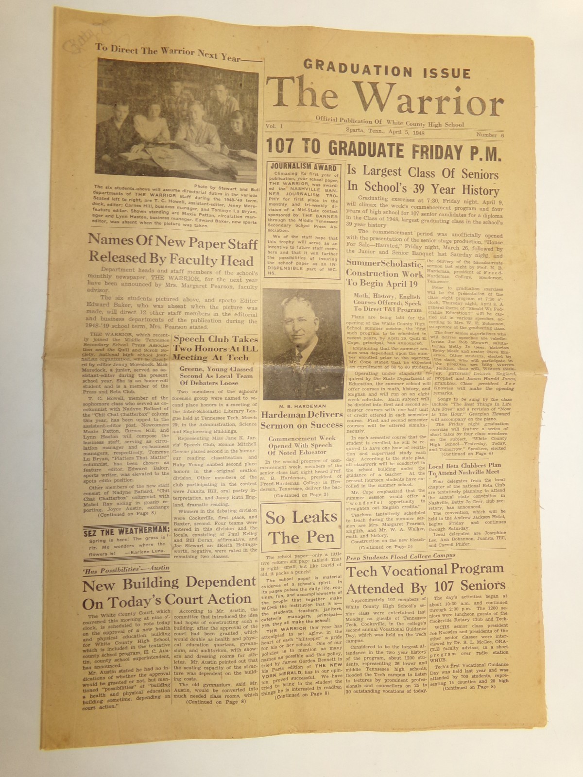 Rare SPARTA TENNESSEE 1948 White County High School THE WARRIOR Newspaper Vol 1