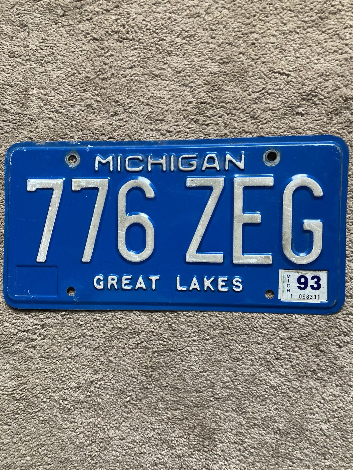 1993 Michigan License Plate - 776 ZEG - Nice