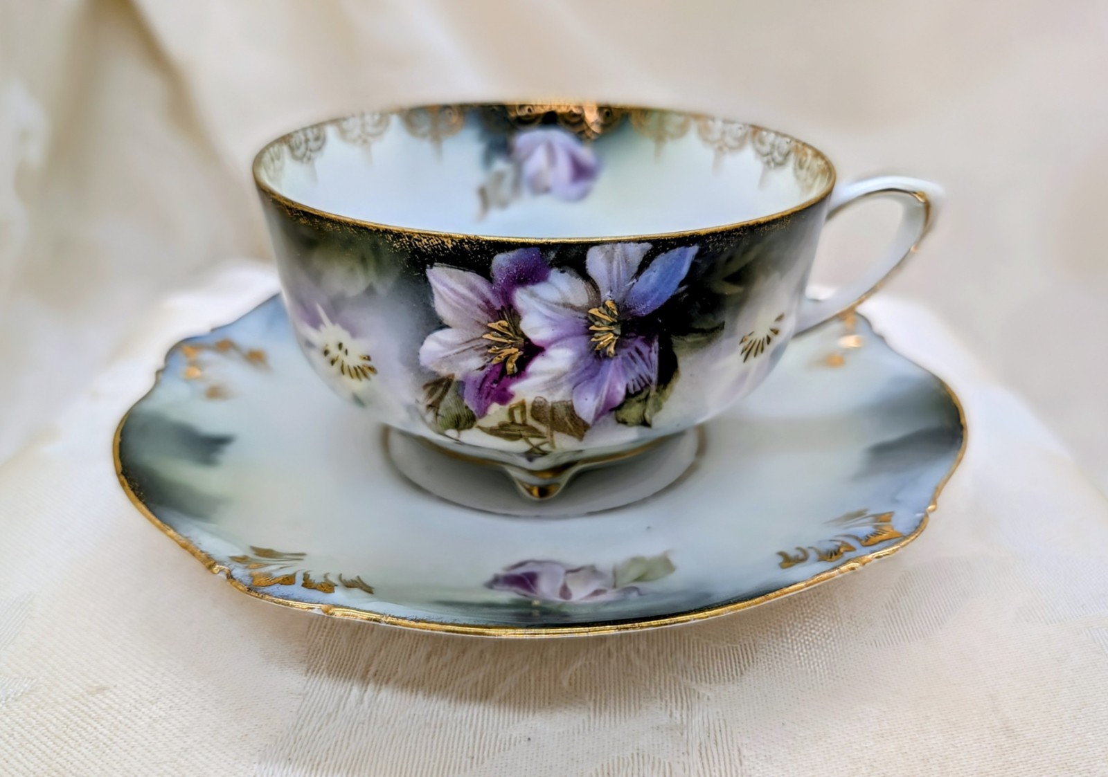 Antique RS Prussia Teacup Saucer Purple Floral Red Green Mark Gold Porcelain Cup