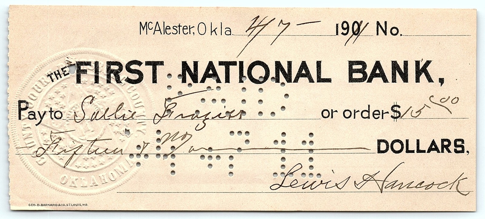 1908 Vintage Oklahoma Bank Check, McAlester, OK. Braille-lik