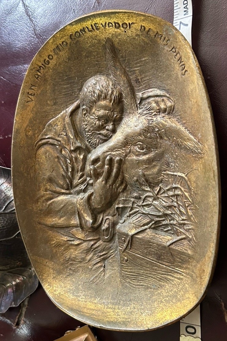 Antique Bronze Man Don Quixote Spanish Heavy Bronze Plaque Donkey