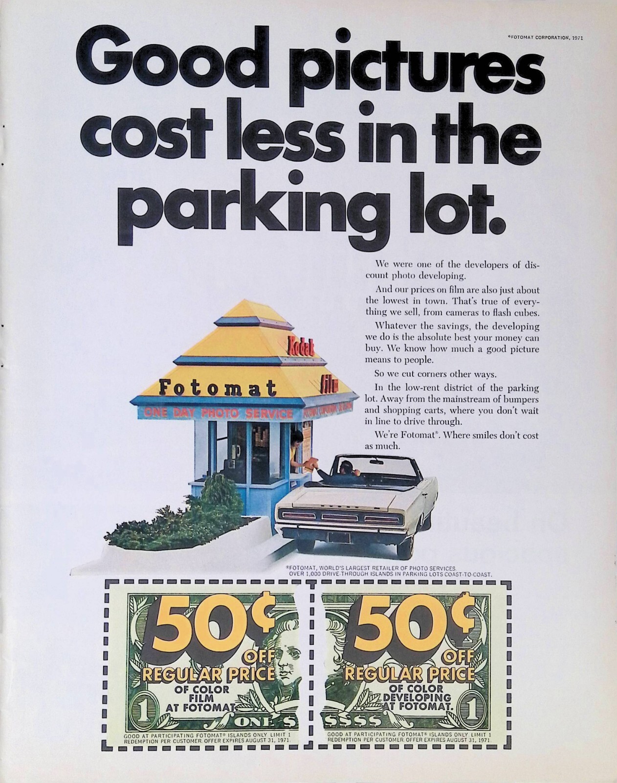Vintage Print Ad 1971 Fotomat One Day Photo Service Parking Lot Coupon