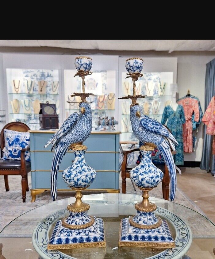 Stunning Parrot Porcelain,Bronze Ormolu Candlesticks-Candle Holders Pair-19''H