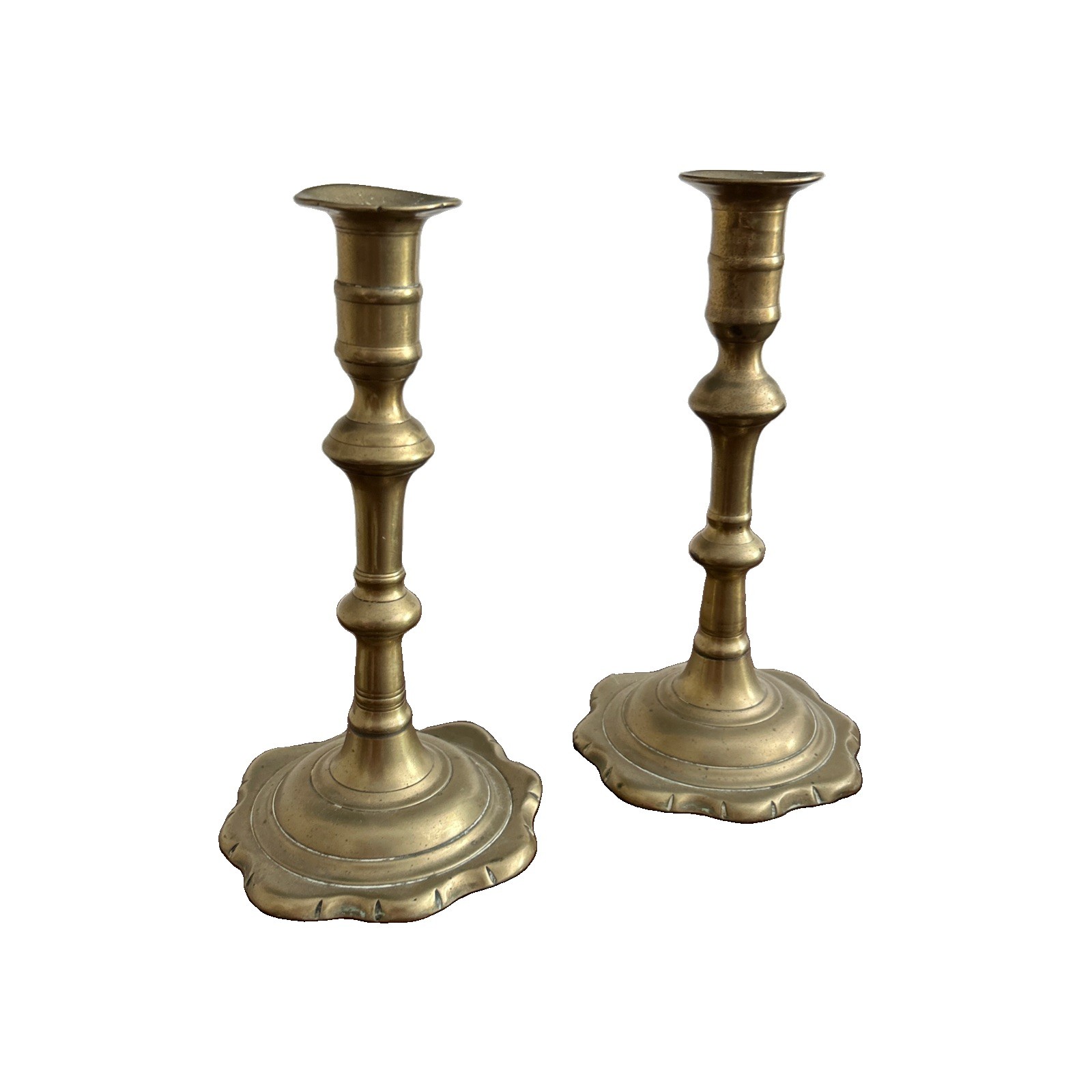 Pair of Early c 18th English Brass Petal Base Candlesticks 7.5” READ DESCRIPTION