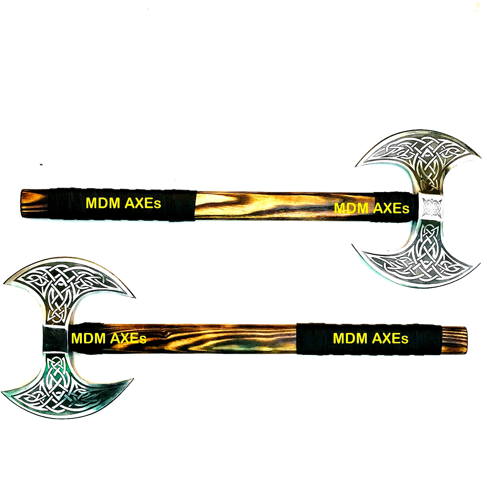 SET OF 2 x Handmade Fantasy Viking Double Head Etched Axe Ash Wood Handle Battle