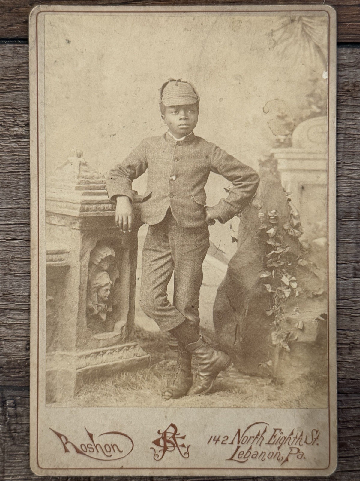 African American Cabinet Card Young Boy in GRAVE YARD / Cemetery Scene PA