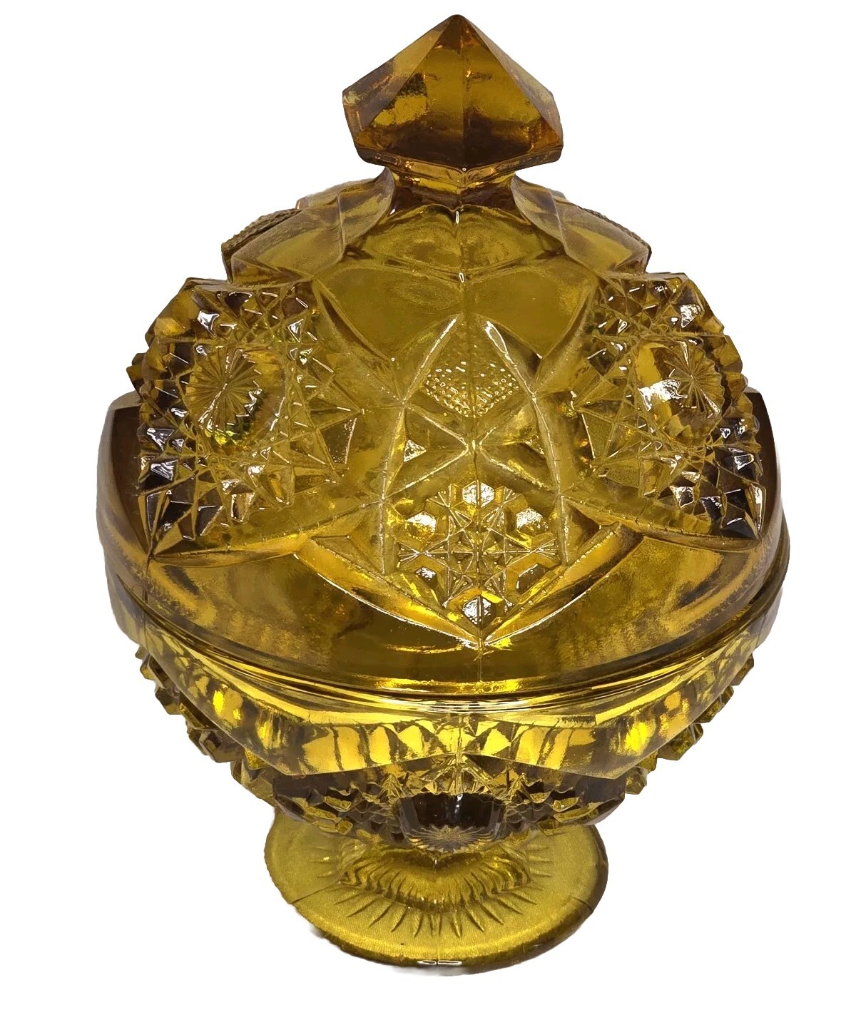 Vtg Amber Glass Covered Candy Compote Dish Early American Pressed Pattern 7.5” T Vtg Amber Glass Covered Candy Compote Dish Early American Pressed Pattern 7.5” T