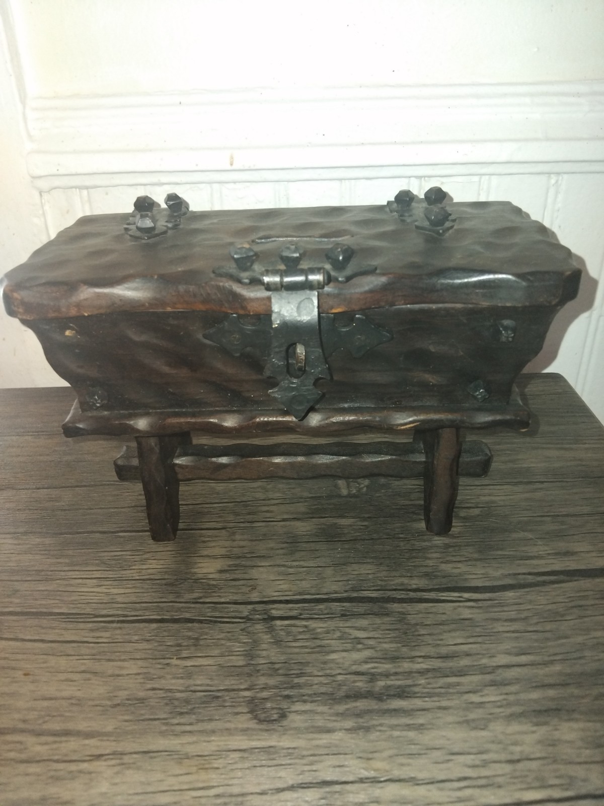 Vintage Spanish Brutalist Wooden Coin Box Medieval Style Hand Carved Money...