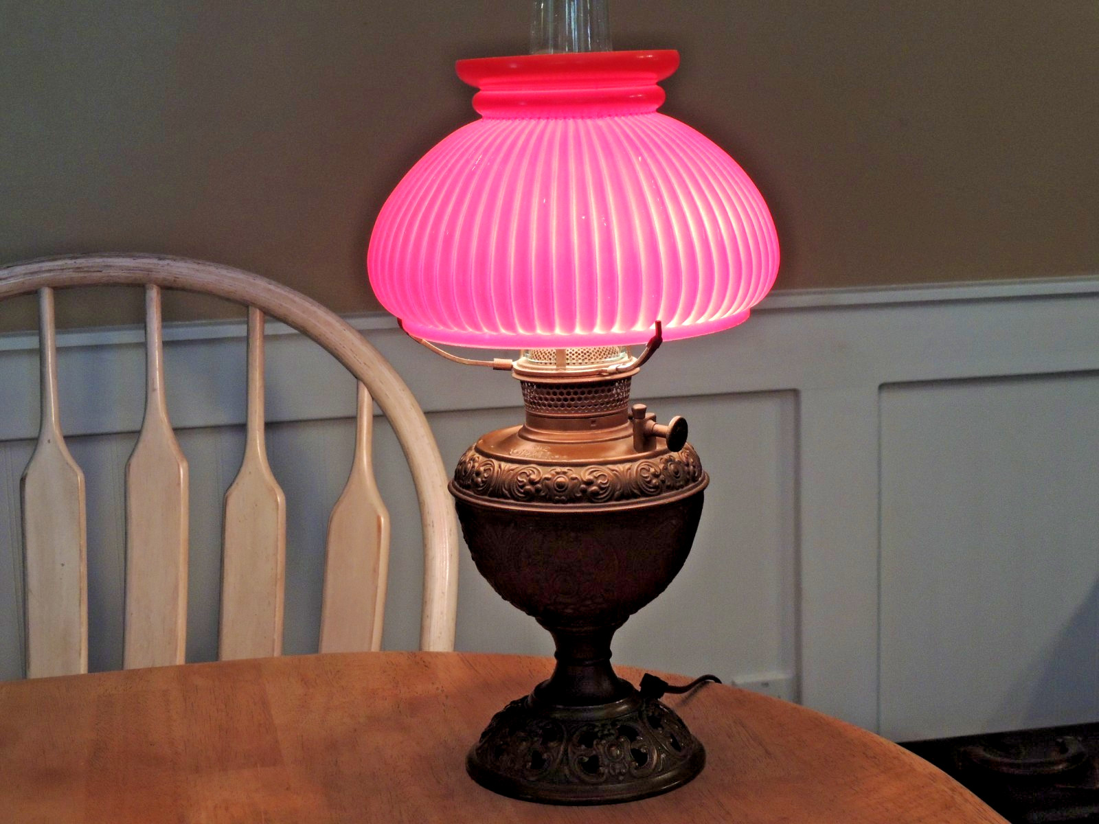 Antique 1898 B&H Bradley & Hubbard Brass Oil Lamp Converted Red Glass Globe