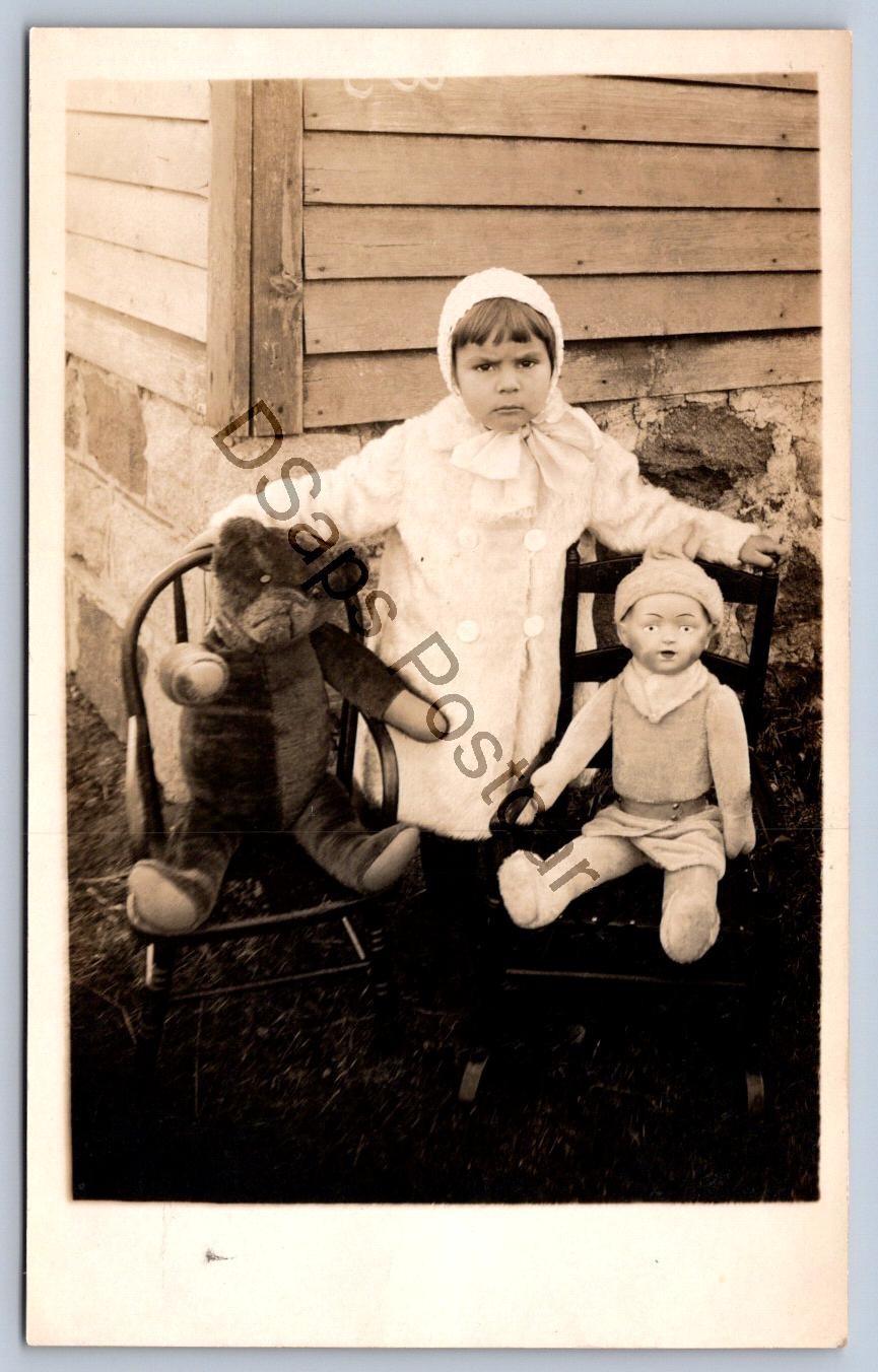 K57/ Interesting RPPC Postcard c1910 Large Teddy Bear Chair Cute Girl Doll 80 K57/ Interesting RPPC Postcard c1910 Large Teddy Bear Chair Cute Girl Doll 80