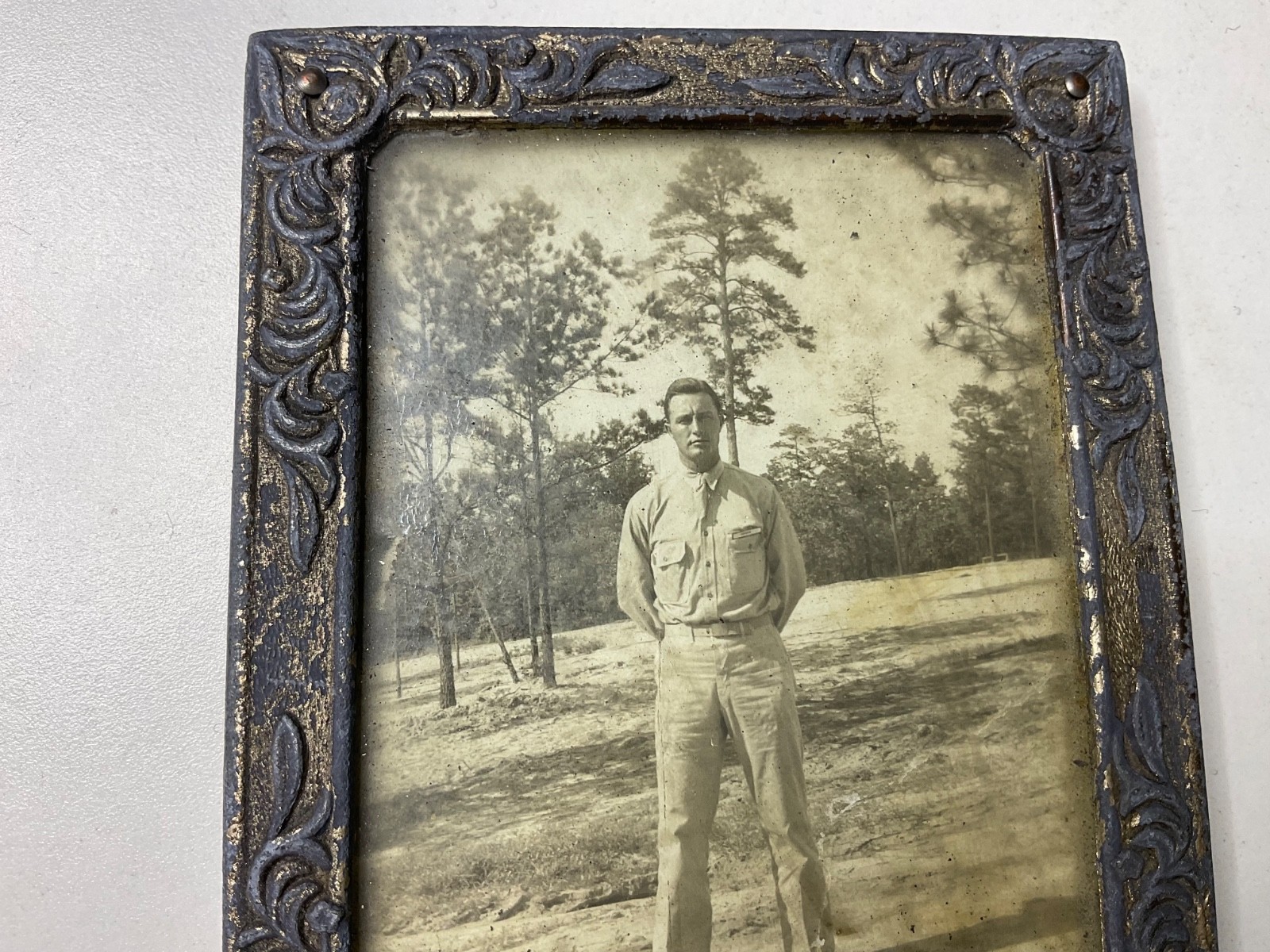 1940s Vintage Framed Soldier Photograph Sweetheart Ornate Metal Frame