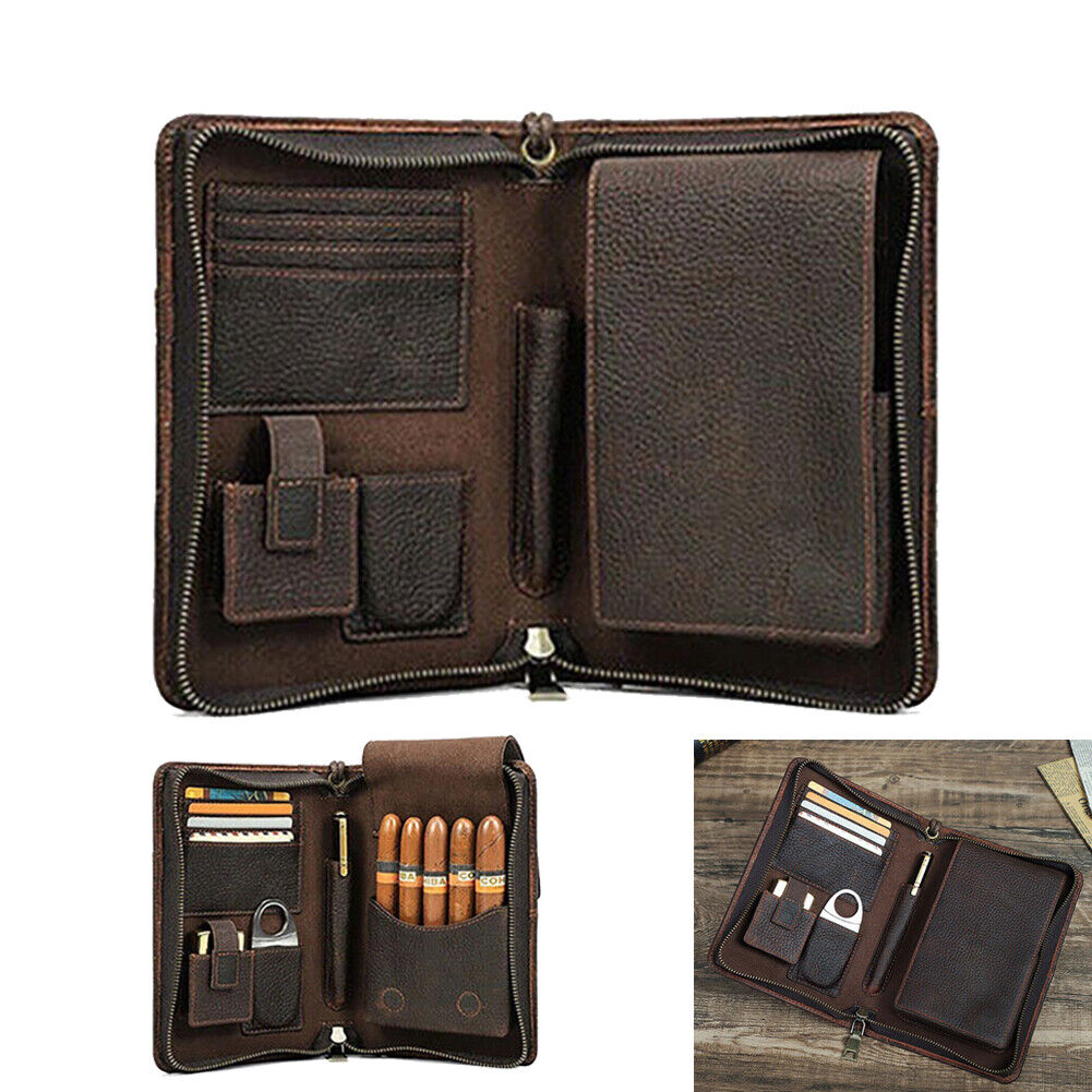 Genuine Leather Cigar Case Passport Travel Humidor set Lighter cutter Pocket Box