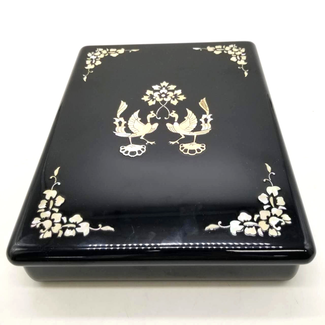Vintage Japanese Black Lacquer Box with Phoenix and Floral Mother-of-Pearl Inlay