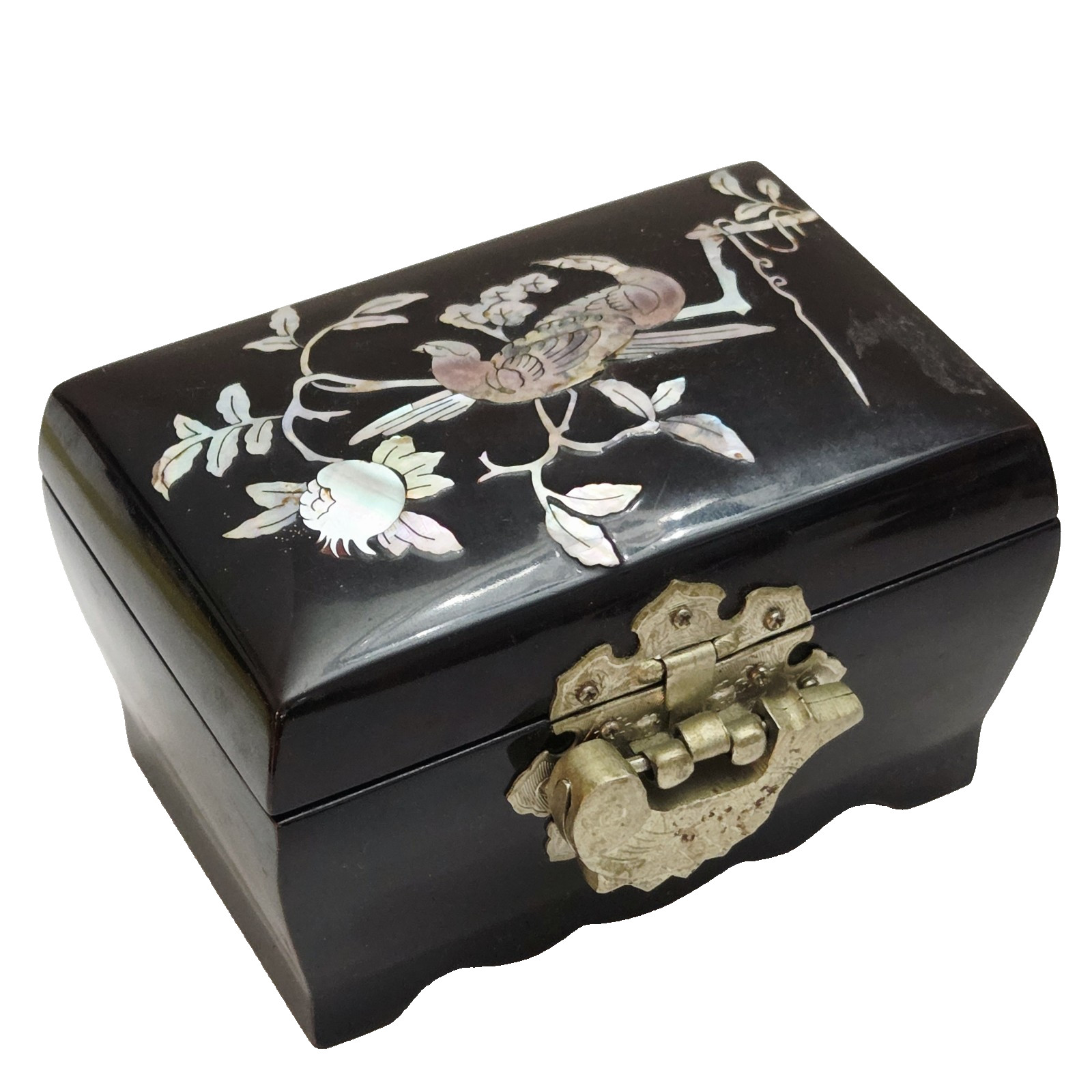 Vintage Black Lacquer Jewelry Box Mother of Pearl Bird Inlay Ornate Koi Clasp