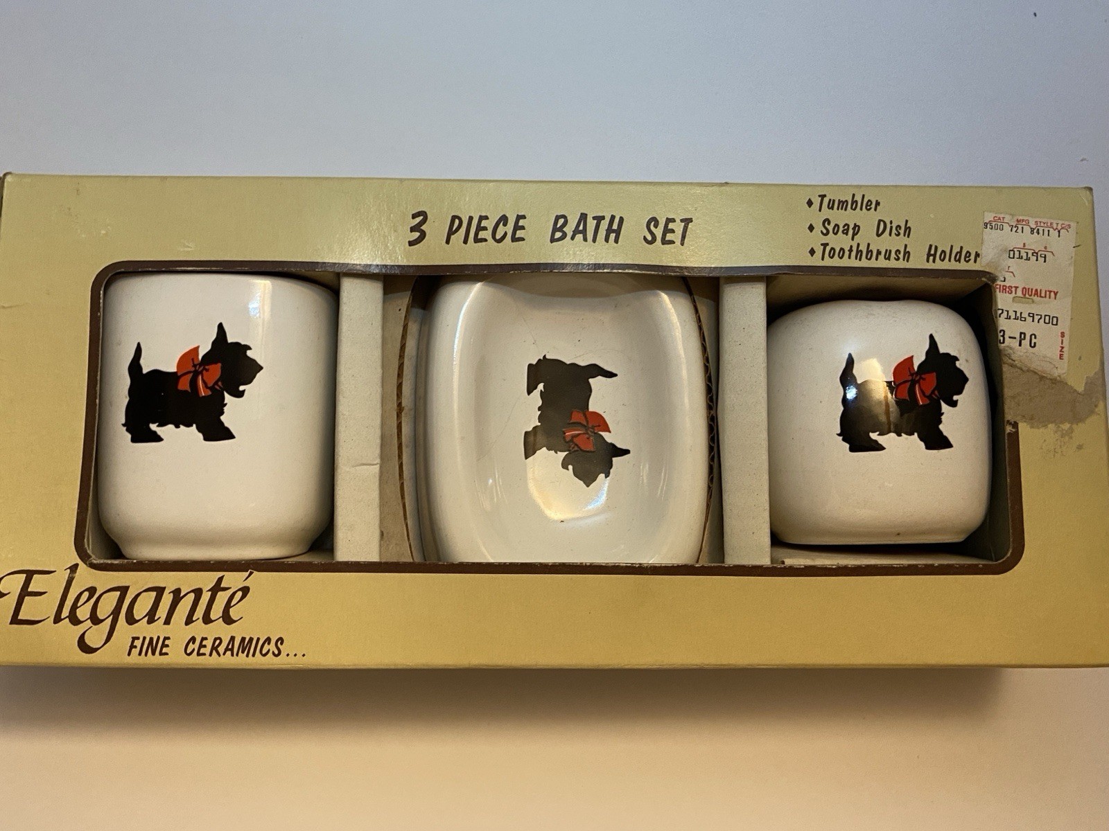 VTG Elegante Fine Ceramics 3 Piece Bath Set Black Scottie Scottish Terrier Dog
