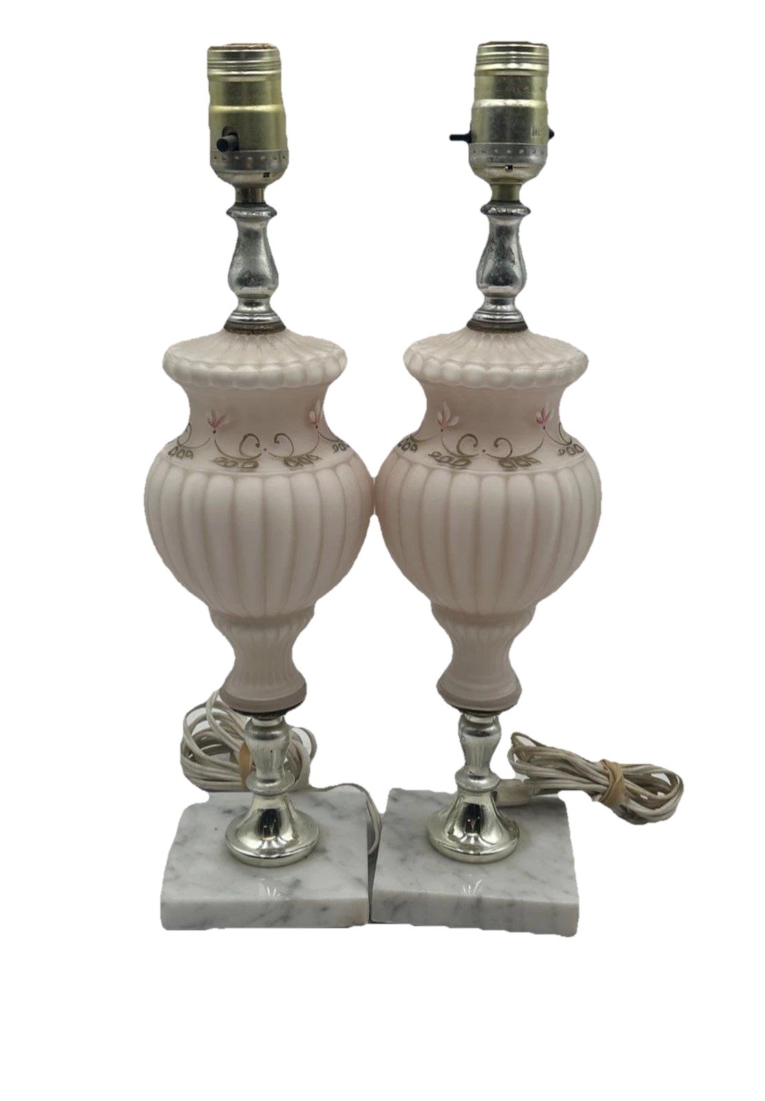 Vintage Pink Satin French Floral Glass Marble Boudoir Lamps 15” Tall Vintage Pink Satin French Floral Glass Marble Boudoir Lamps 15” Tall