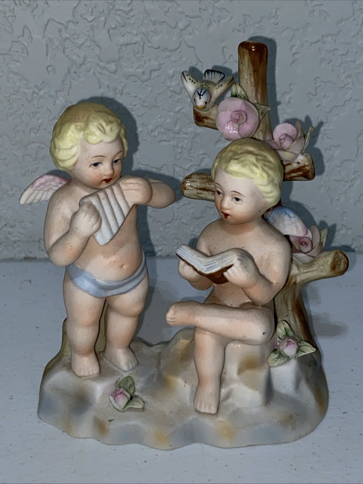 Vintage Andrea S Figurine Cherub Angels Bird Flowers Made In Occupied Japan