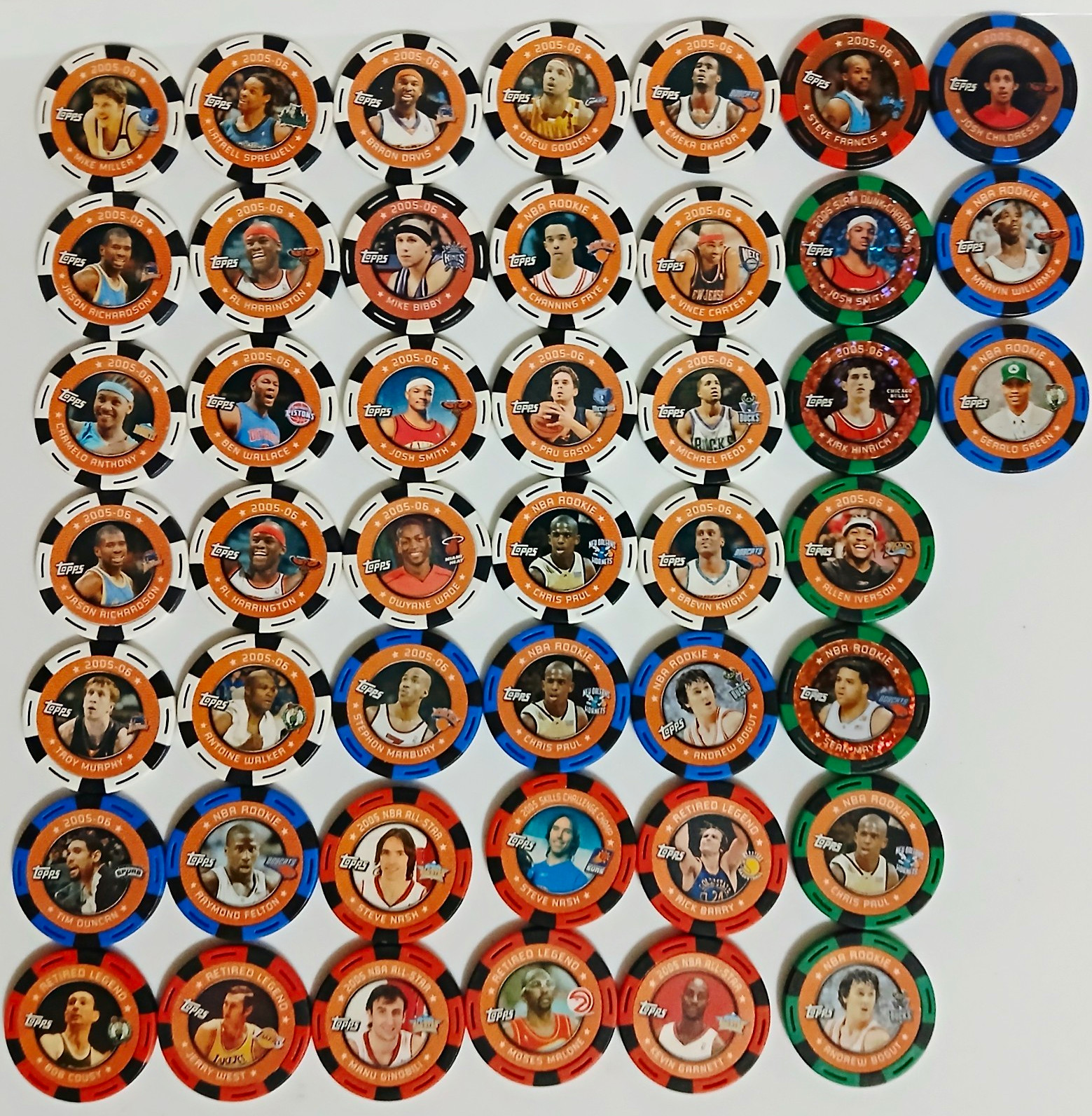 Topps 2005-06 NBA Player Poker Chips Lot - 45. 5 #'d. Iverson, Wade, Paul (RC). Topps 2005-06 NBA Player Poker Chips Lot - 45. 5 #'d. Iverson, Wade, Paul (RC).