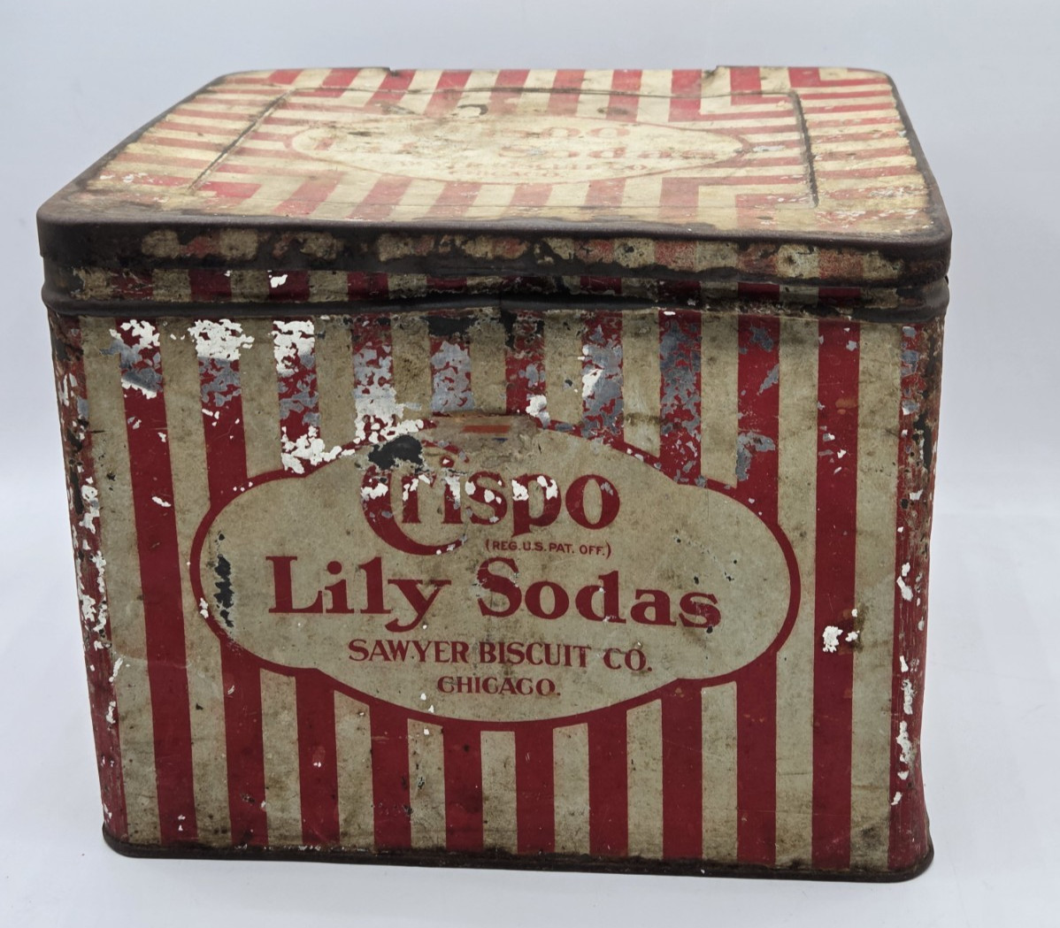 Vintage Crispo Lily Sodas Sawyer Biscuit Co. Tin Box Chicago Red Stripe RARE Vintage Crispo Lily Sodas Sawyer Biscuit Co. Tin Box Chicago Red Stripe RARE