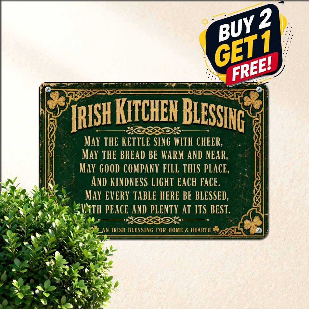 Irish Kitchen Prayer Home Wall Plaque 8x12 St Patrick Shamrock Metal Tin Decor
