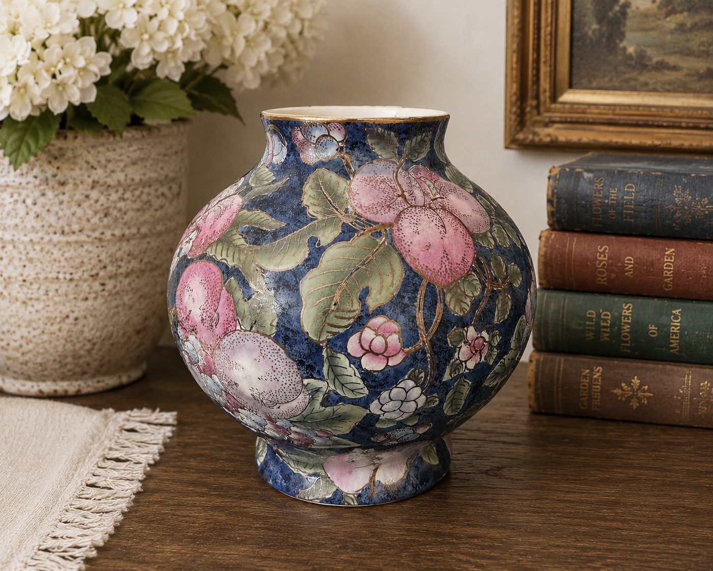 Vintage Hand Painted Floral Vase Blue Pink Gold Botanical Ceramic 9.75\ Vintage Hand Painted Floral Vase Blue Pink Gold Botanical Ceramic 9.75\