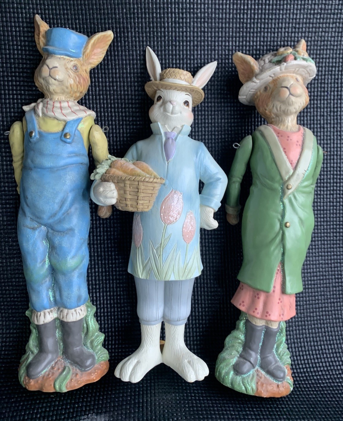 Easter Bunny Rabbit Figurines Set of 3 Large 13.5” Plaster Plastic Swing Arms
