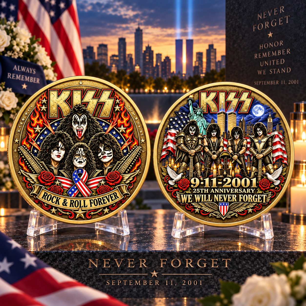 9/11 25th Anniversary Challenge Coin Kiss Band Tribute We Will Never Forget