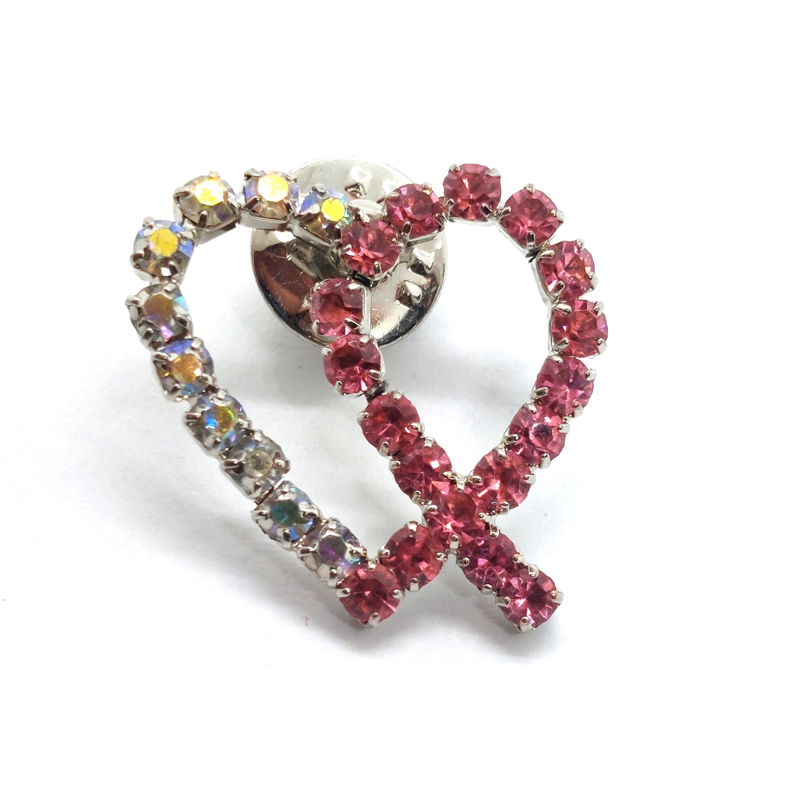 Vintage Pink Aurora Borealis Rhinestone Double Heart Love Sparkle Lapel Pin Vintage Pink Aurora Borealis Rhinestone Double Heart Love Sparkle Lapel Pin