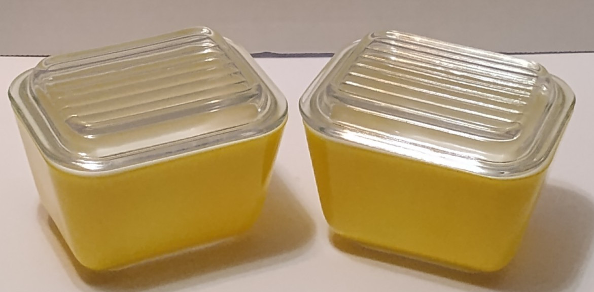 Two Vintage 501 Primary Yellow Pyrex Covered Refrigerator Jars Two Vintage 501 Primary Yellow Pyrex Covered Refrigerator Jars