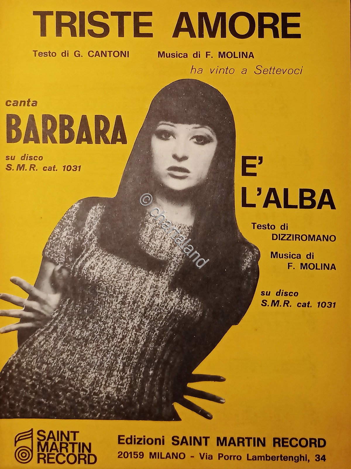 Sheet music - Barbara - Triste Amore - E\' l\'Alba - Music by F. Molina - 1969