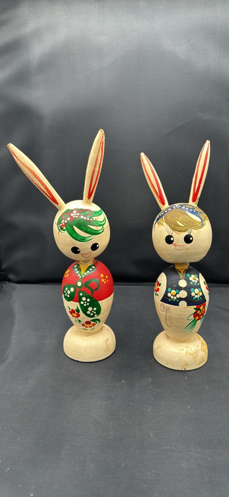 Vintage MCM Wood Kokeshi Bobble Head Nodding Easter Rabbits Japan KAWAII KITCH Vintage MCM Wood Kokeshi Bobble Head Nodding Easter Rabbits Japan KAWAII KITCH
