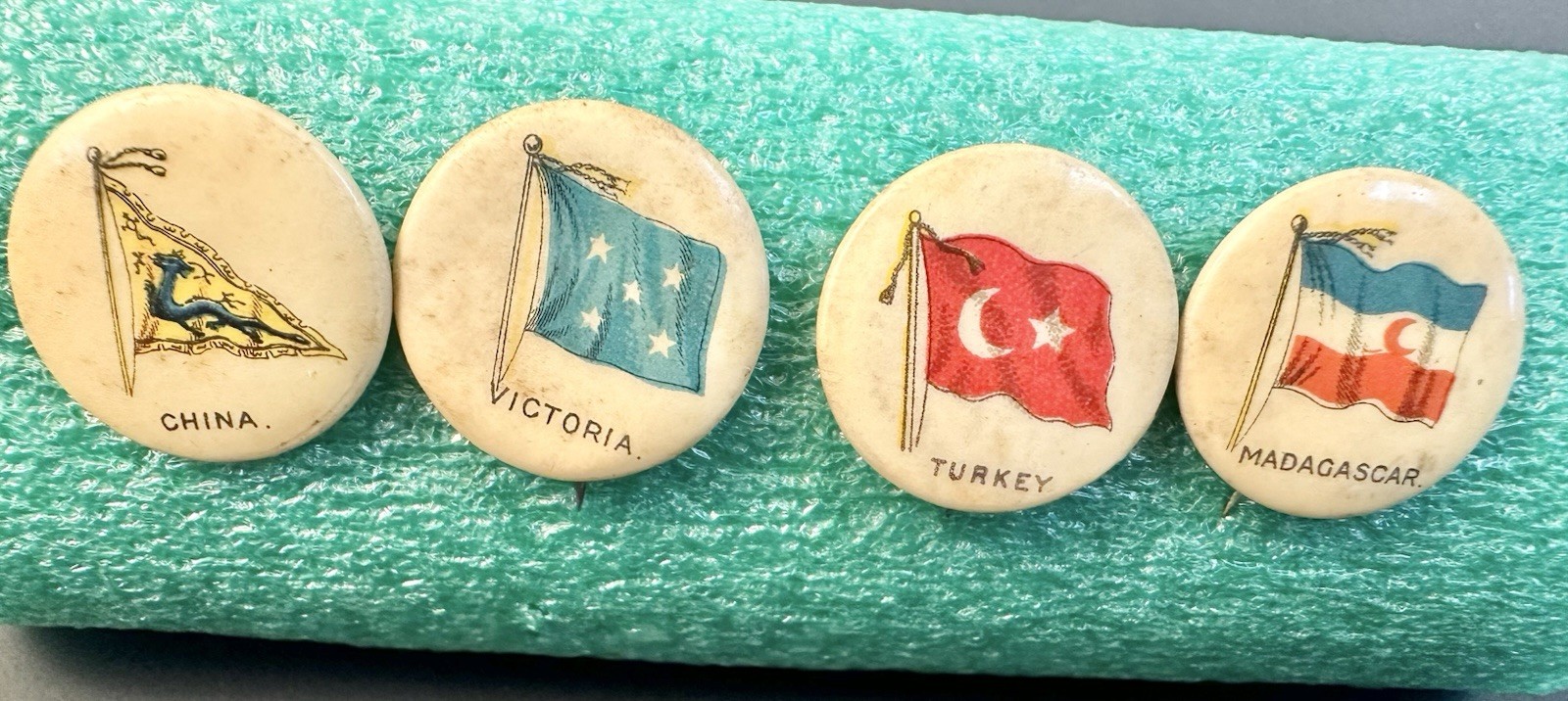 4 Vtg Sweet Caporal Cigarette Country Flag Pins China Victoria Turkey Madagascar